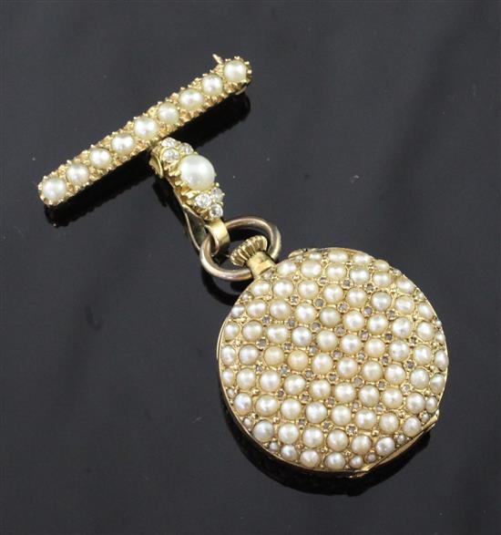 An early 20th century 18ct gold, seed pearl encrusted set fob watch, overall 2in.